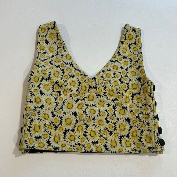 Maeve by Anthropologie Daisy Floral Button Side Crop Top XS Yellow Black Summer - Picture 1 of 5